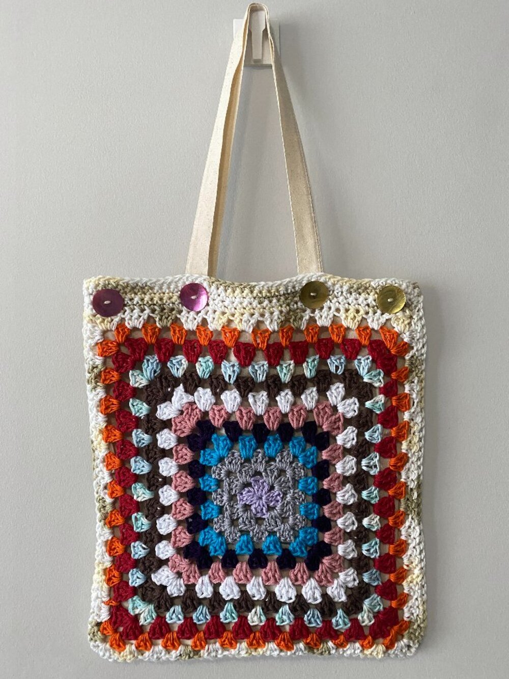 Handmade Crochet Multicolour Cotton Acrylic Removable Slipcover Tote Bag
